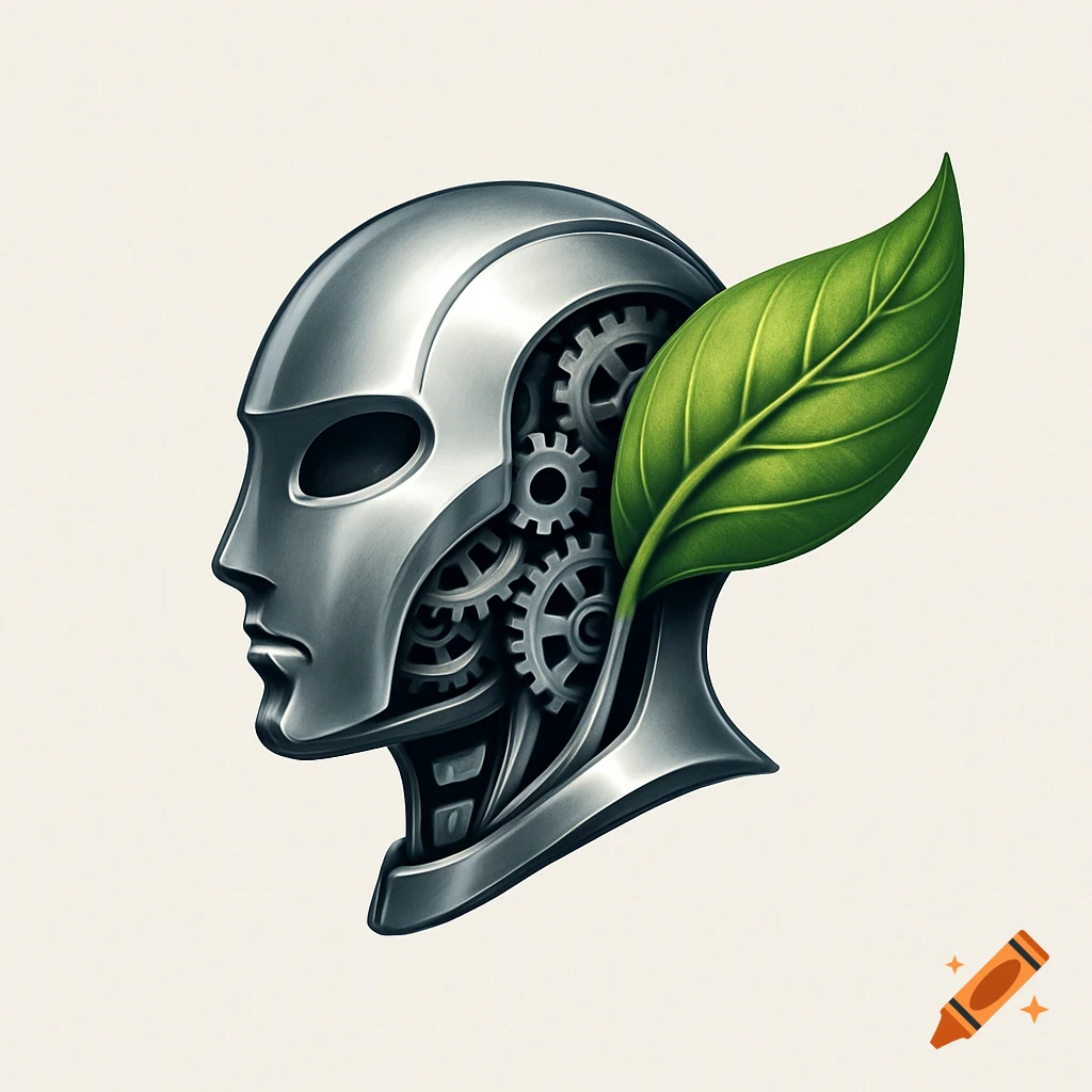 A metallic robot head in profile with visible gears and a large green leaf growing from behind it.