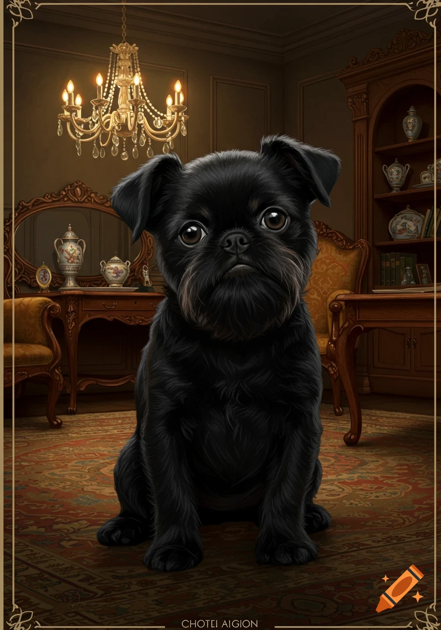 A fluffy black Brussels Griffon dog sits on an ornate rug in a lavish room with a chandelier and wooden furniture.