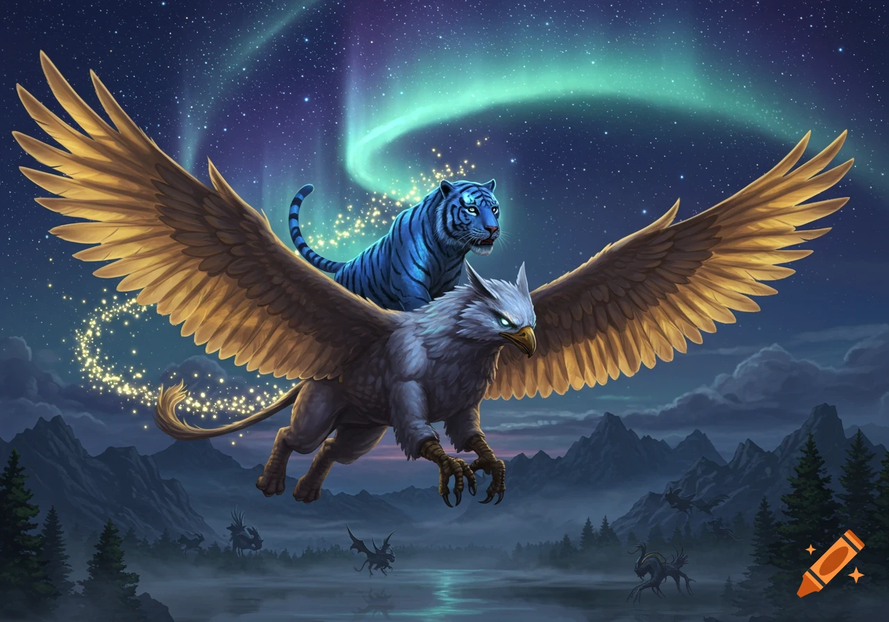 A mystic blue tiger with glowing eyes rides on the back of a griffin flying through a starry night sky with a green aurora.