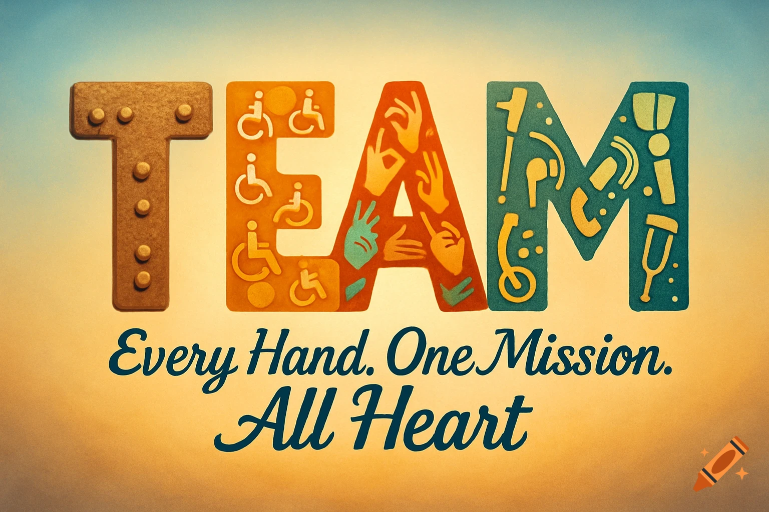 Stylized word TEAM made of inclusion symbols, with text 'Every Hand. One Mission. All Heart.' below, on a gradient background.