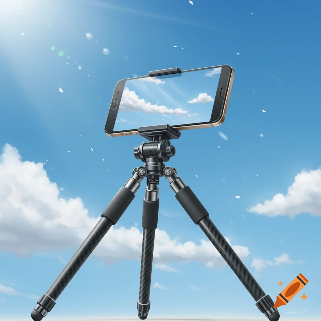 A smartphone mounted on a tripod stands against a bright blue sky with white clouds.