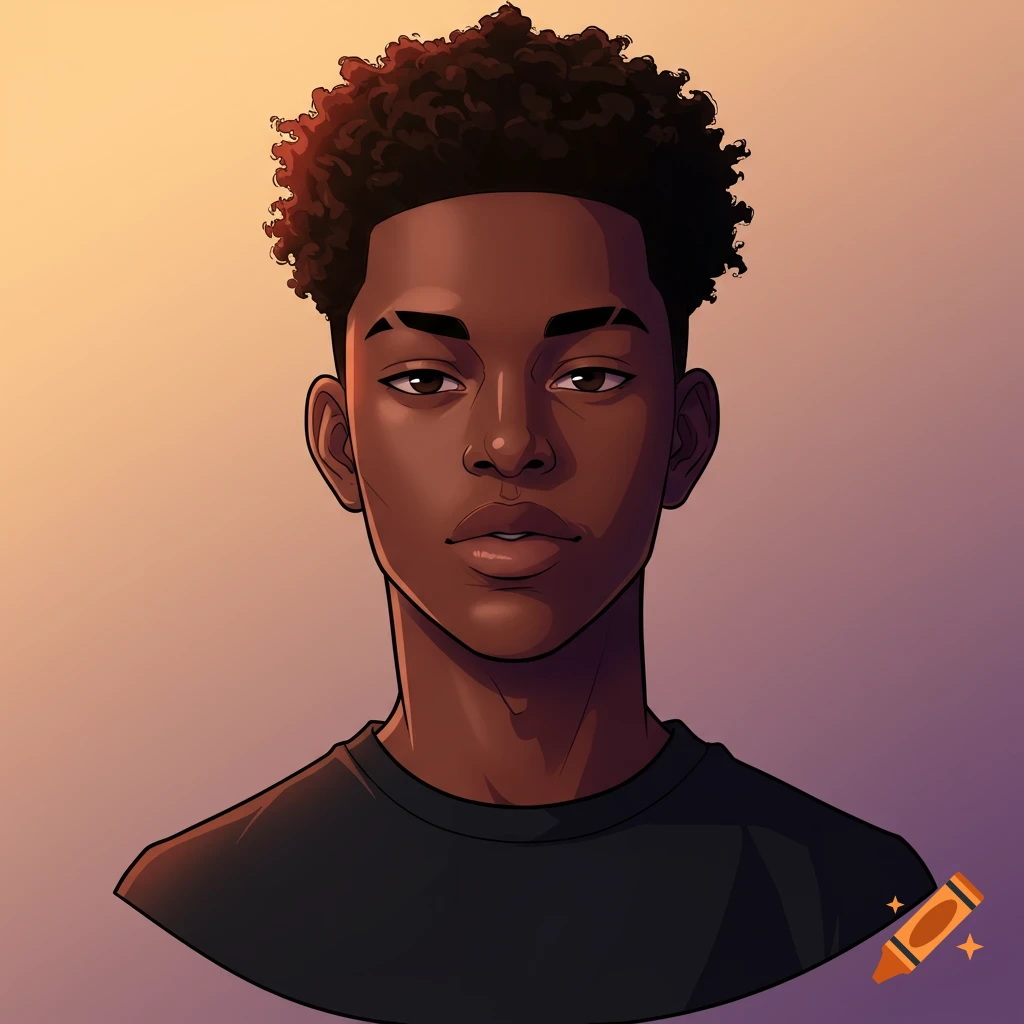 Anime-style portrait of a young Black male with curly hair on a gradient background.