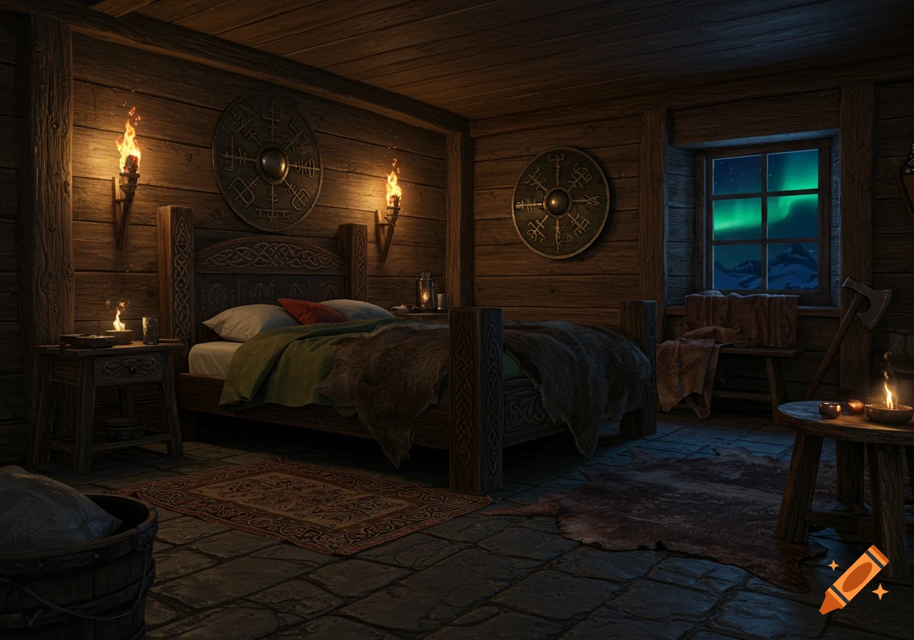 A warm, rustic Viking-style bedroom at night, illuminated by torches, with a cozy bed and an axe by the window showing the aurora borealis.