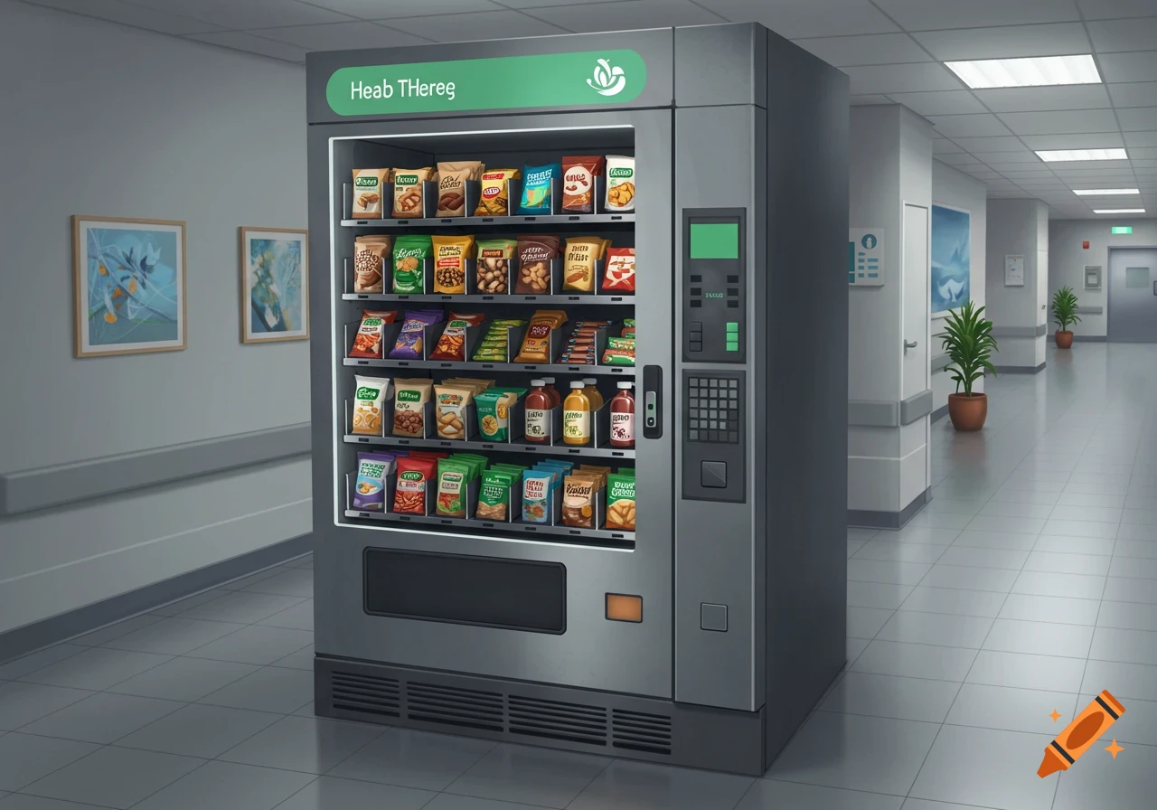 A modern vending machine filled with snacks stands in a brightly lit hospital hallway, with abstract paintings on the wall.