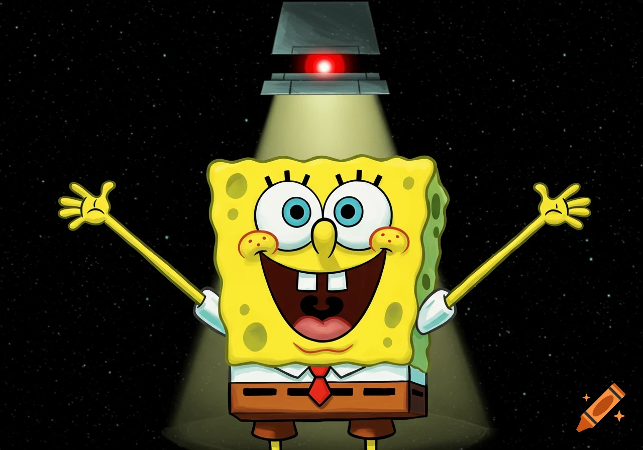 Spongebob Squarepants smiles under a spotlight from a looming HAL 9000 in a starry space background.