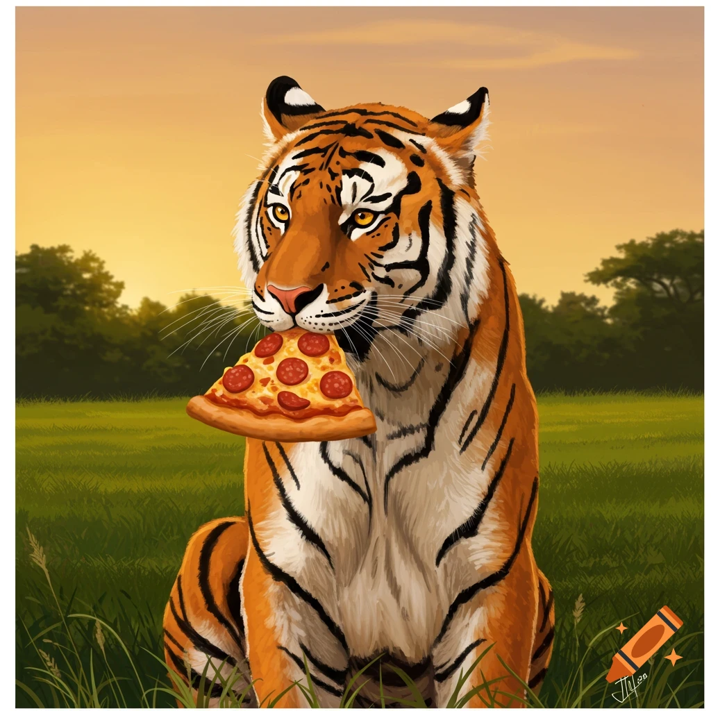 A realistic tiger stands in a field with floating pepperoni pizza