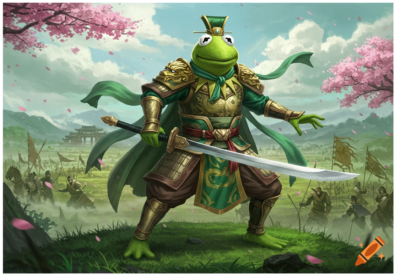 Kermit the Frog as an armored warrior with a sword, standing heroically on a battlefield with cherry blossoms.