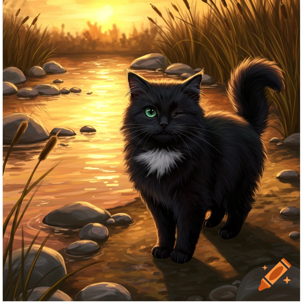 A fluffy black cat with one green eye winks while standing in a shallow stream at sunset, surrounded by reeds and rocks.