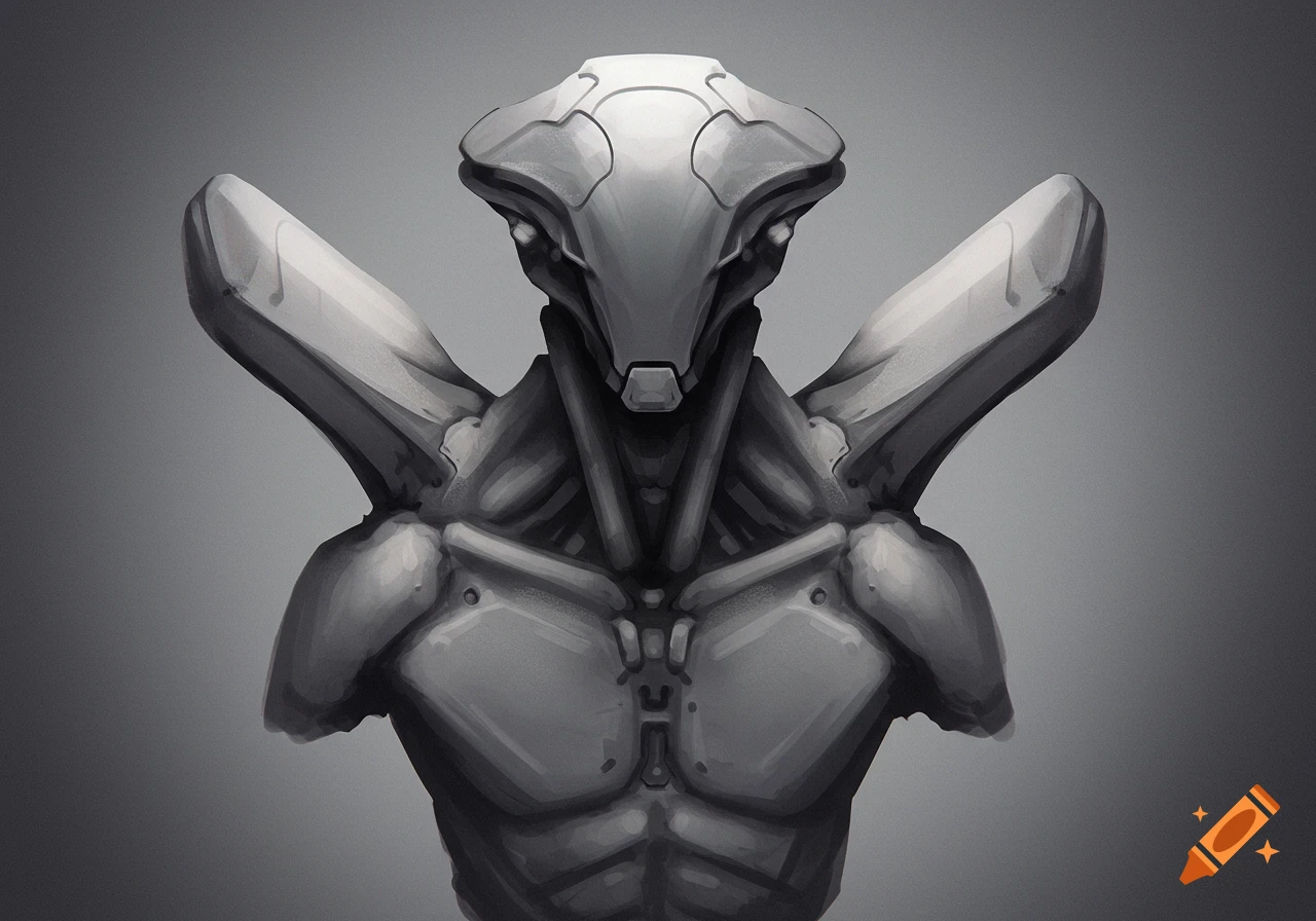 A monochromatic digital drawing of the upper torso and head of a grey, stylized robot or alien creature against a plain background.