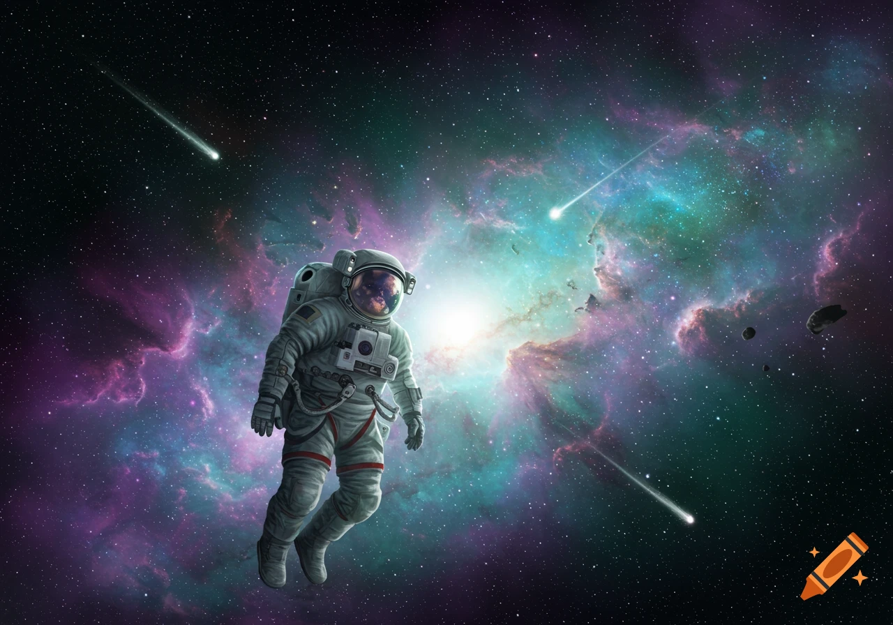 An astronaut floats in the vastness of space, surrounded by a colorful nebula and bright shooting stars.