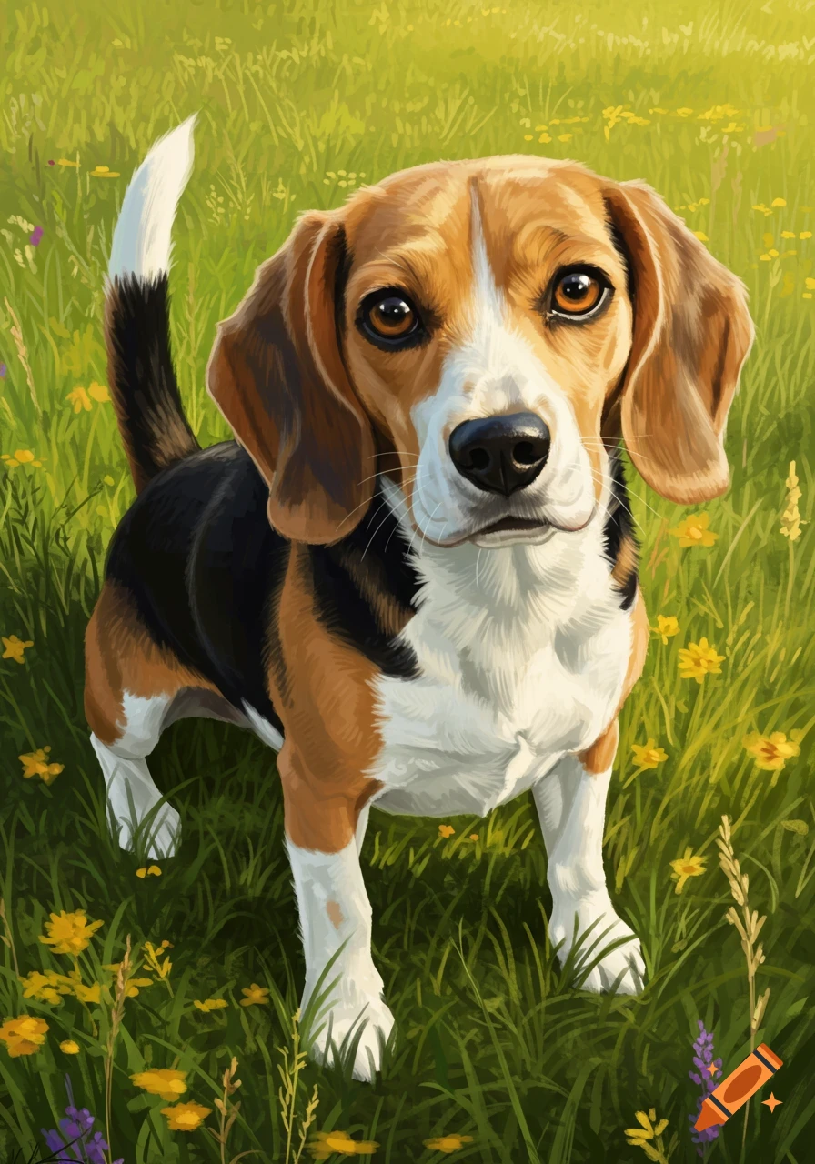 A cute beagle dog with brown, black, and white fur sits in a sunny green field with yellow and purple wildflowers in an illustrative style.