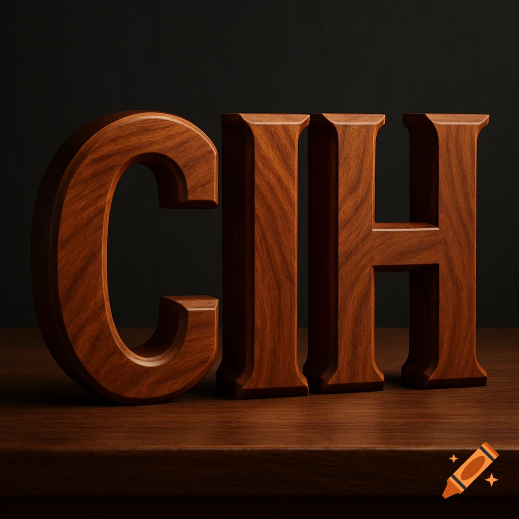Three large 3D letters 'CIH' made of dark wood, standing on a wooden surface against a dark background.