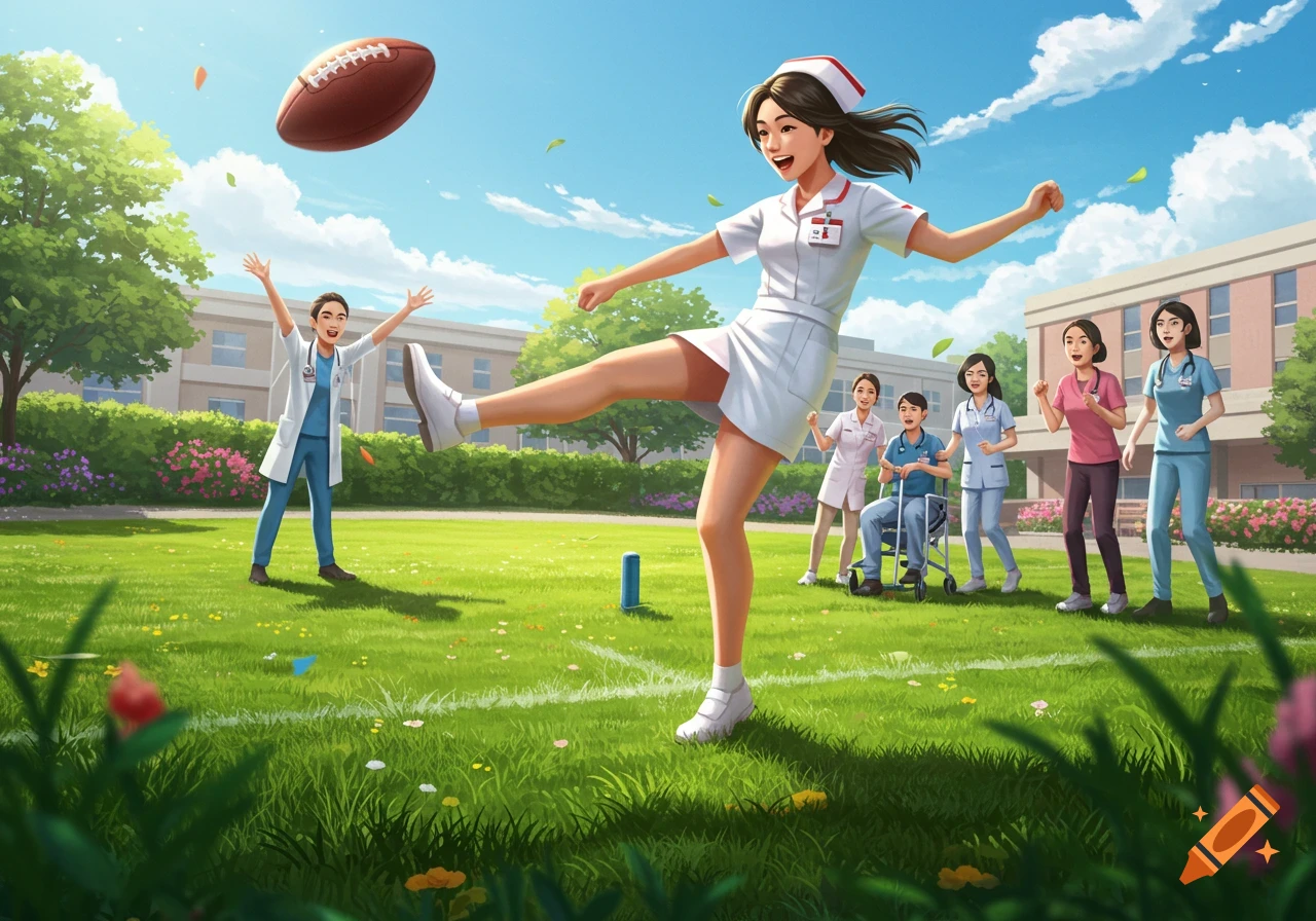 An illustration of a group of diverse healthcare professionals, mostly women, playing football on a sunny green lawn outside a building. One nurse in white scrubs kicks a football into the air while others watch.