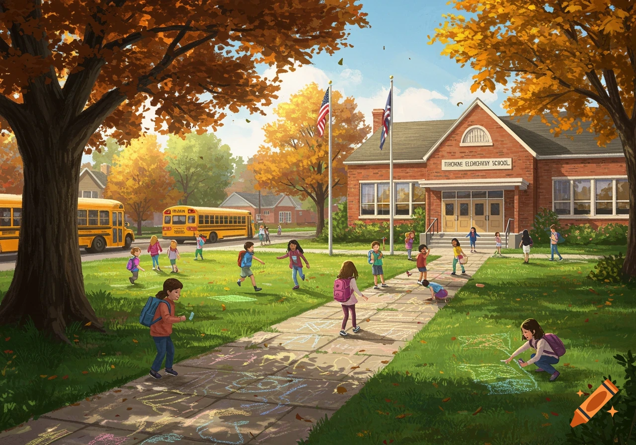 Illustrated scene of children playing outside Thorne Elementary School on an autumn day with school buses parked nearby.