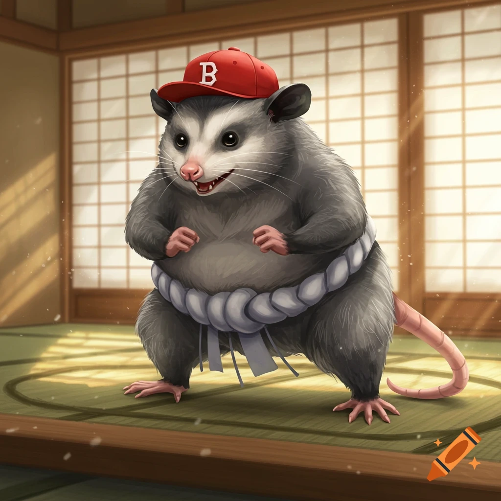An illustrated possum sumo wrestler wearing a red baseball hat with a white B stands on a mat.