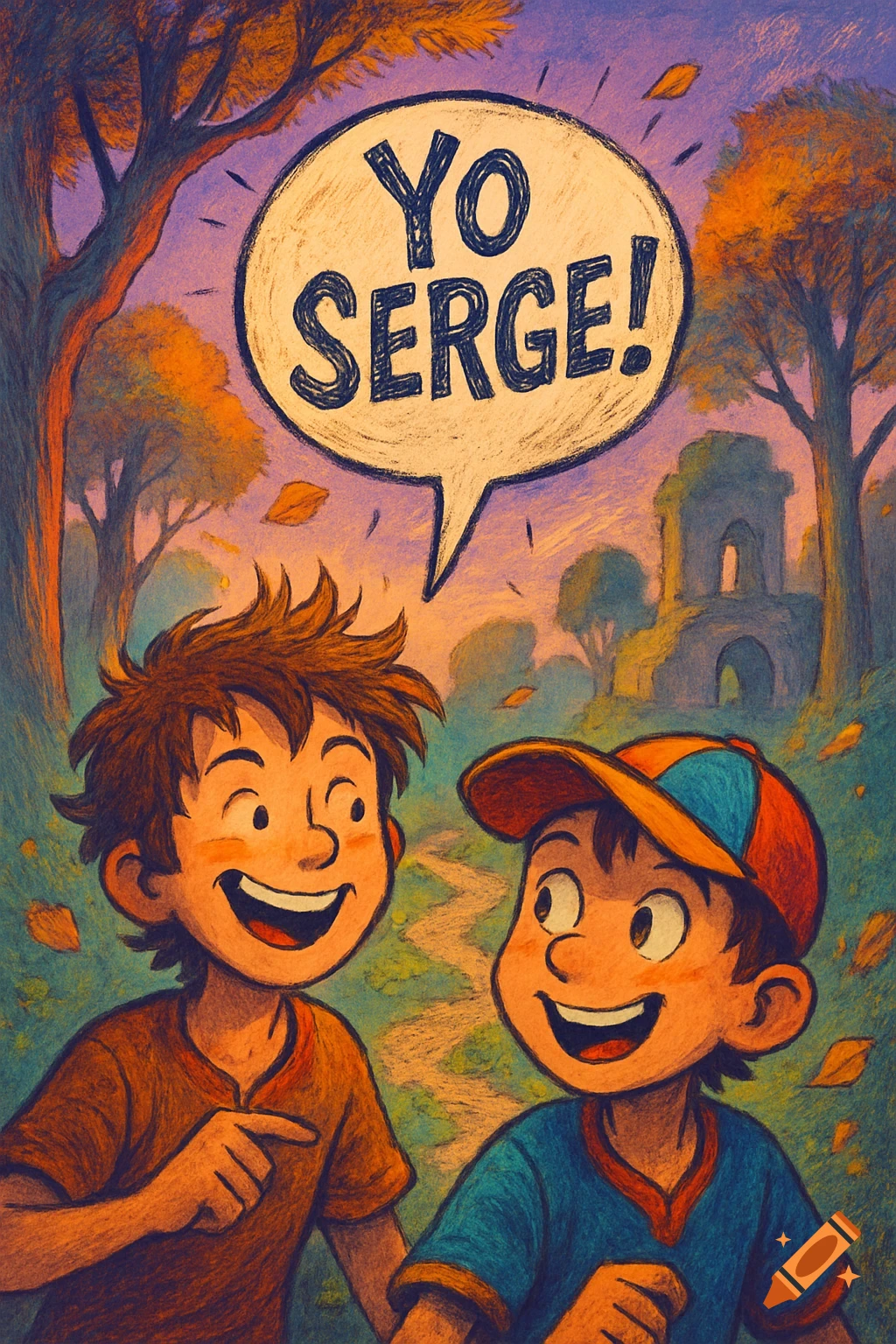 Cartoon illustration of two smiling boys in a park with autumn trees and a ruined building. A speech bubble says "YO SERGE!".