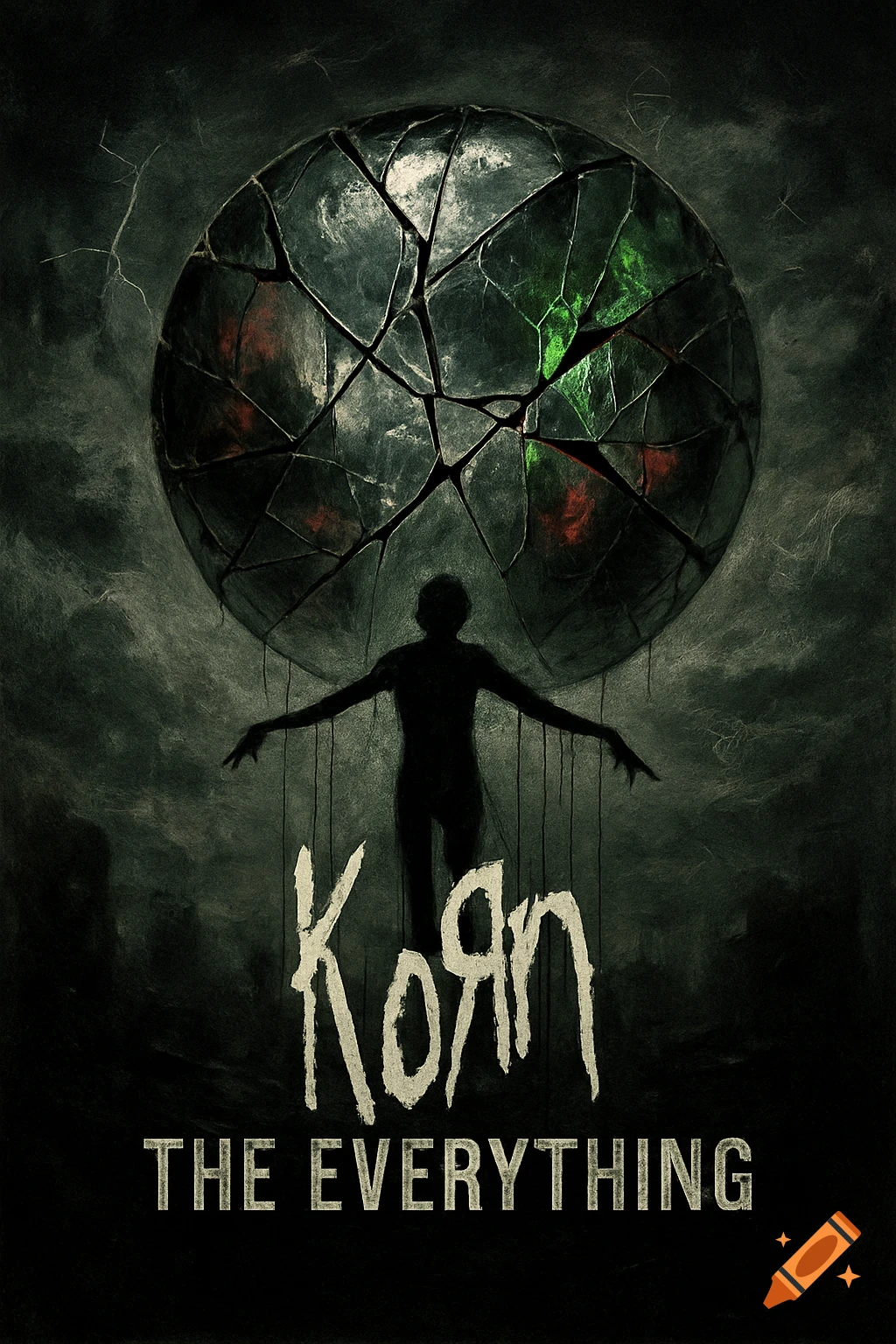 Dark, gritty album cover for Korn's "The Everything" featuring a silhouetted figure and a shattered sphere.