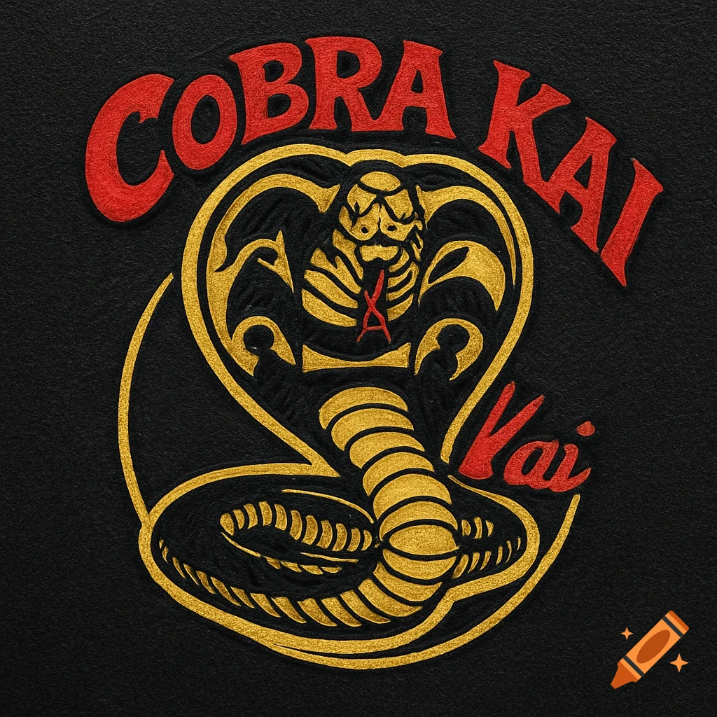 A red and gold Cobra Kai logo with a cobra head, on a textured black background.