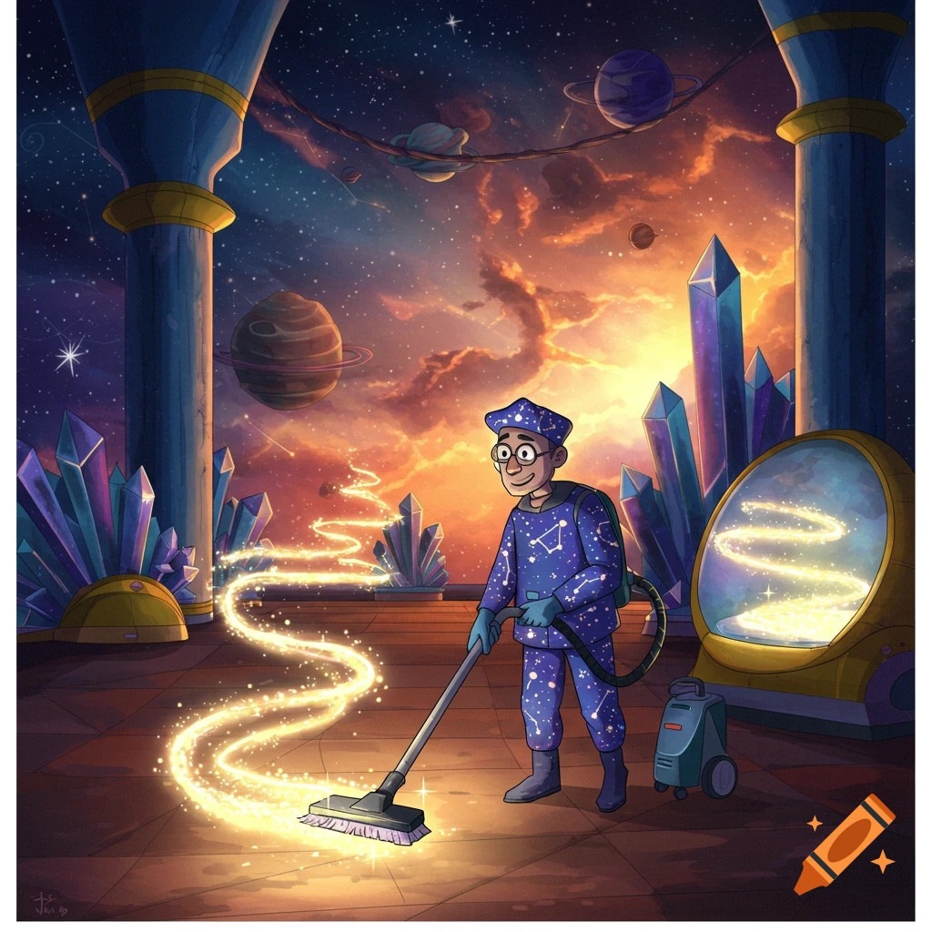 A cosmic janitor in a star-patterned suit vacuums sparkling stardust in a vibrant space palace with planets and crystals.