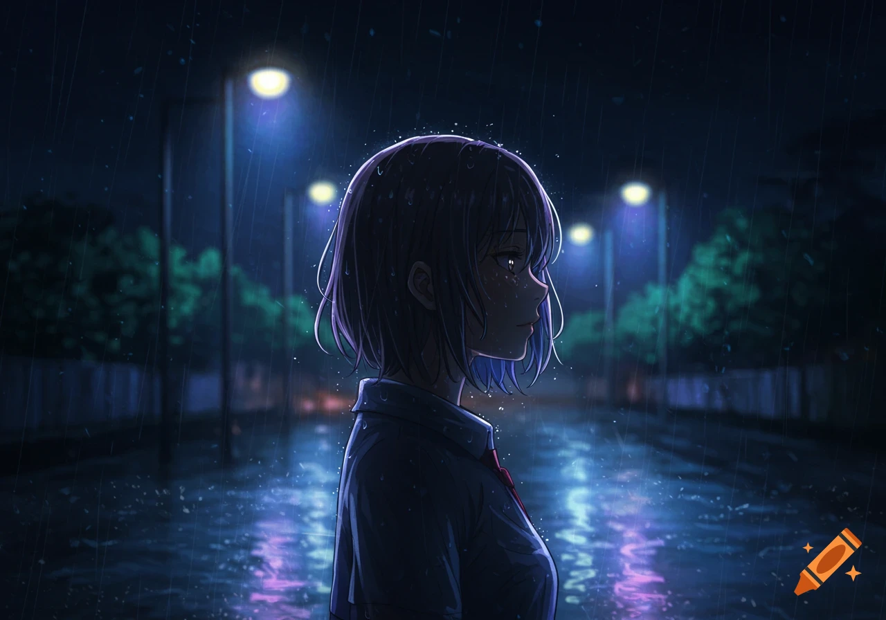 Anime-style illustration of a young woman standing alone in the rain at night, illuminated by streetlights and reflections.