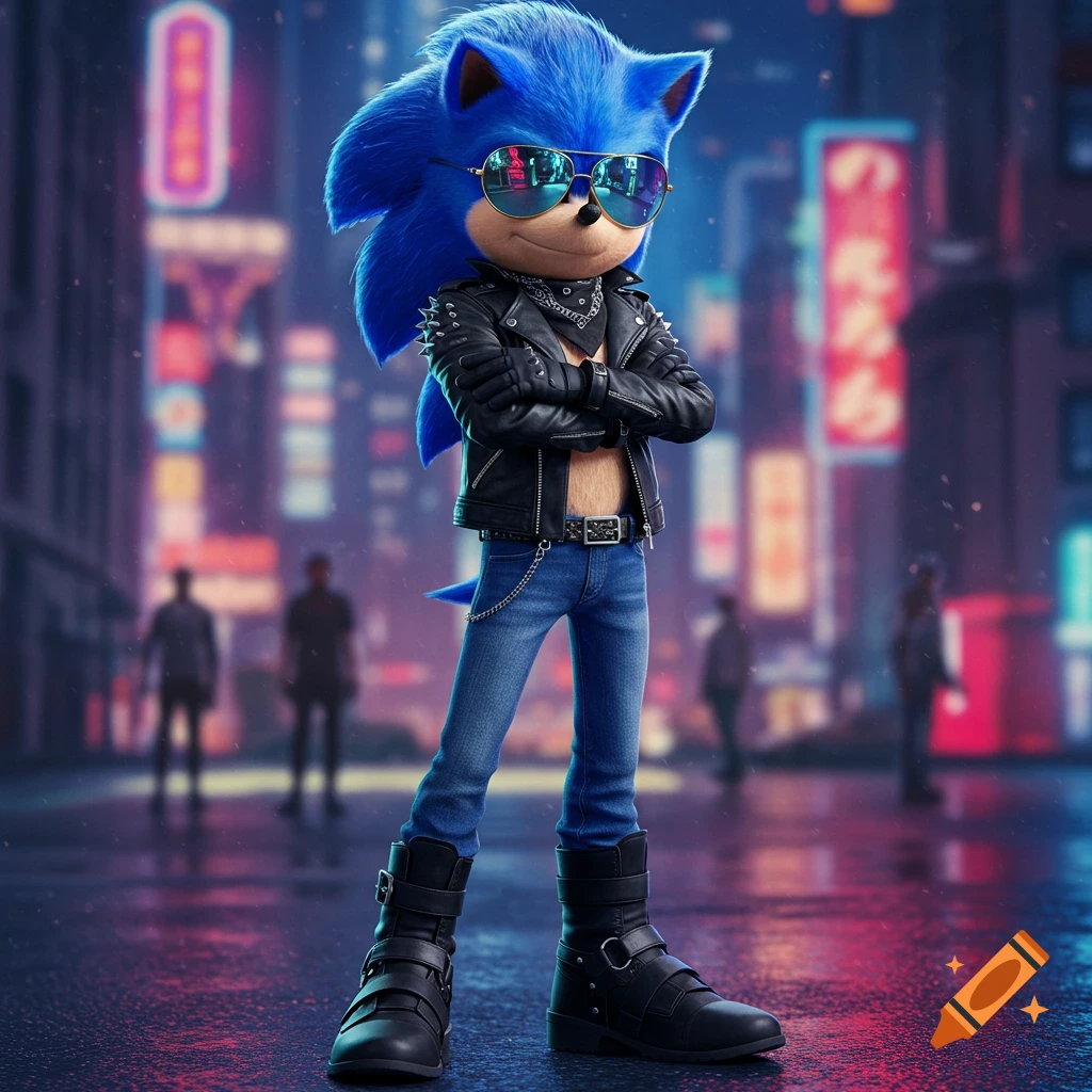 Sonic the Hedgehog in a leather jacket, jeans, and