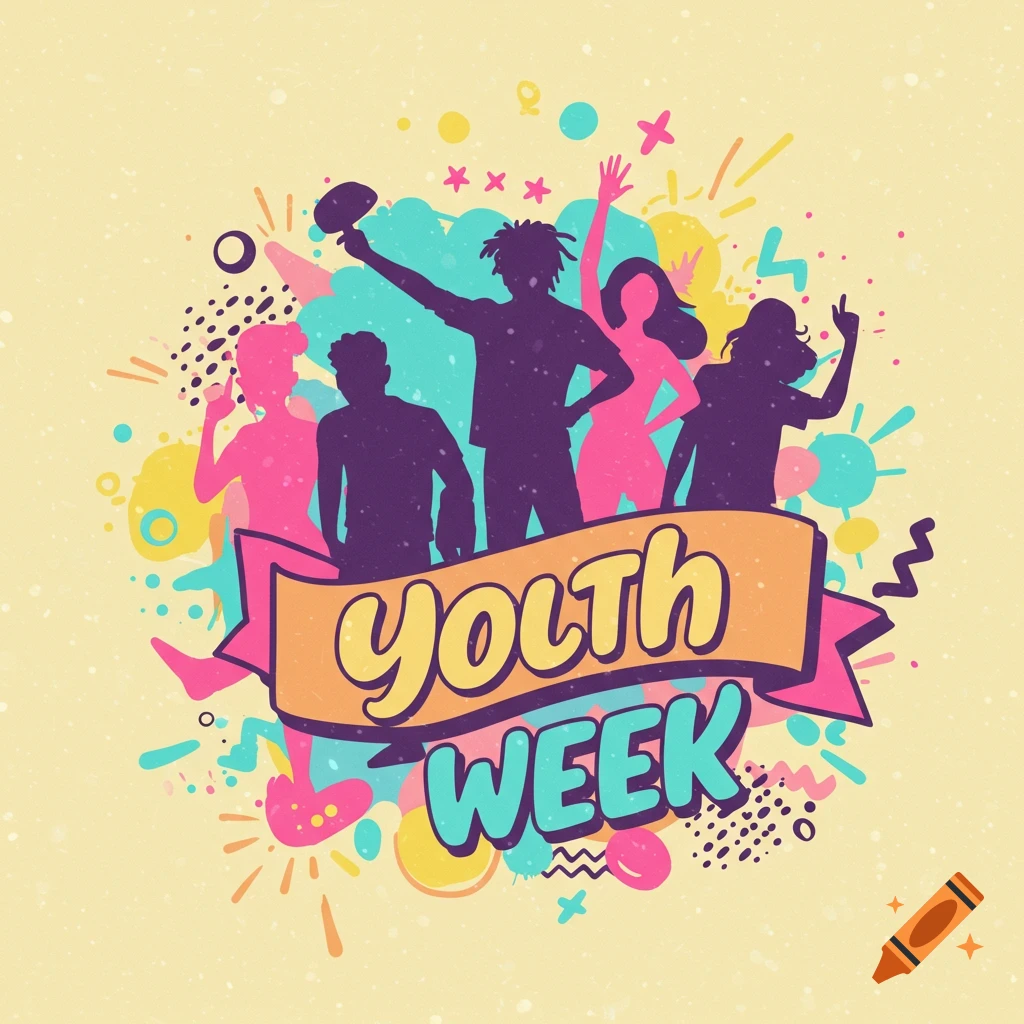 A vibrant graphic design features silhouettes of several young people celebrating, with a prominent banner reading "Youth WEEK" in stylized orange and teal lettering. The background is a speckled light yellow with colorful abstract shapes and splashes in pink, blue, and yellow.