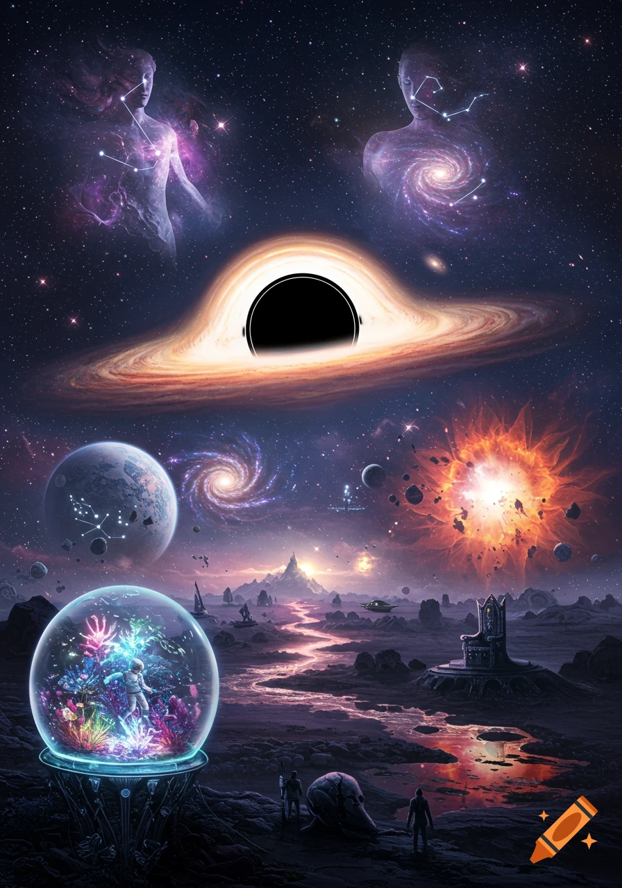 A surreal cosmic landscape featuring a black hole, constellation figures, planets, a supernova, and an astronaut in a glowing bubble.