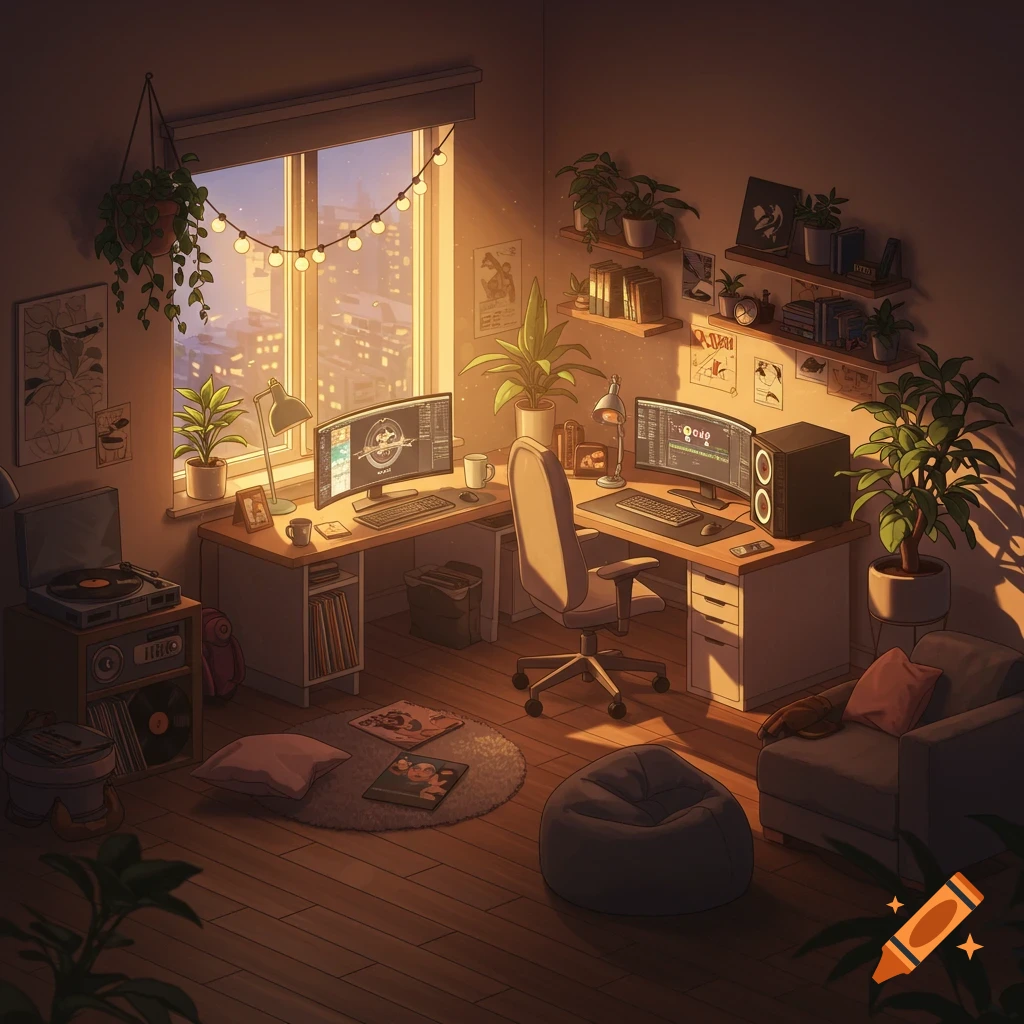 Cozy lofi gamer room with warm sunset light, multiple monitors, plants, and a record player.
