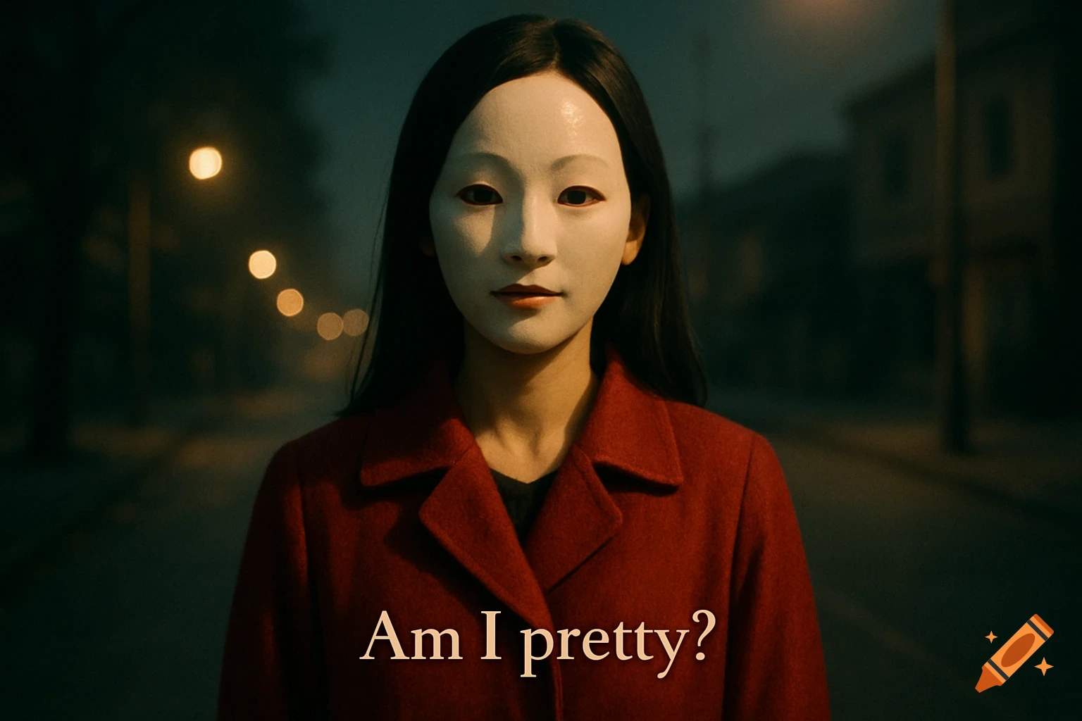 A woman in a white mask and red coat stands on a dark, serene night street with a cinematic feel. Text reads: Am I pretty?