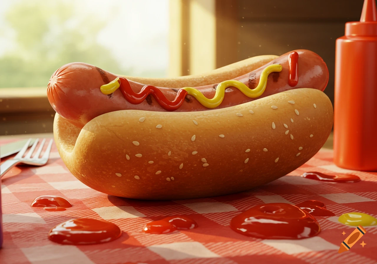 Close-up photorealistic hotdog with ketchup and mustard on a red and white checkered tablecloth.