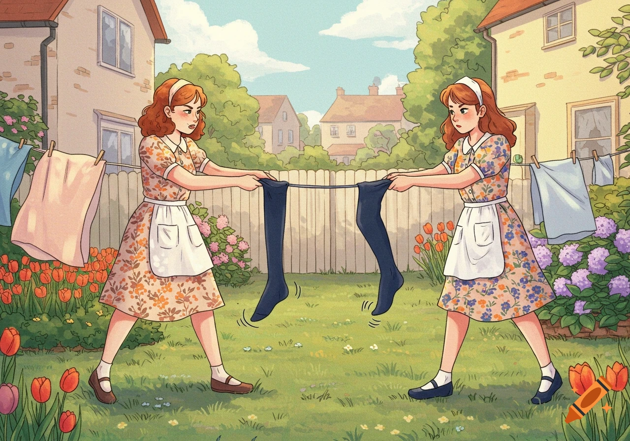 Two cartoon housewives in a backyard tugging a pair of navy blue tights on a clothesline, surrounded by houses and flowers.