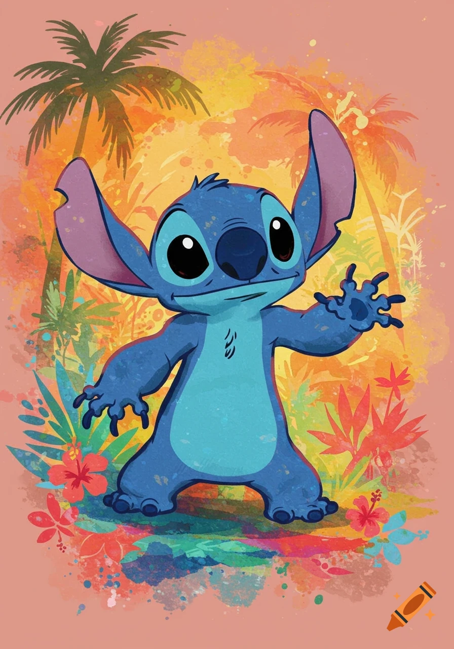 A watercolor illustration of Stitch standing in a vibrant tropical setting with palm trees and flowers.