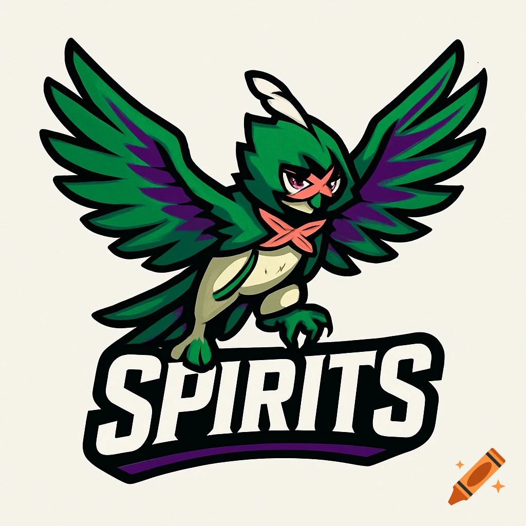 A sports logo featuring a green and purple owl-like creature, resembling Decidueye, with its wings spread, above the word 'SPIRITS'.