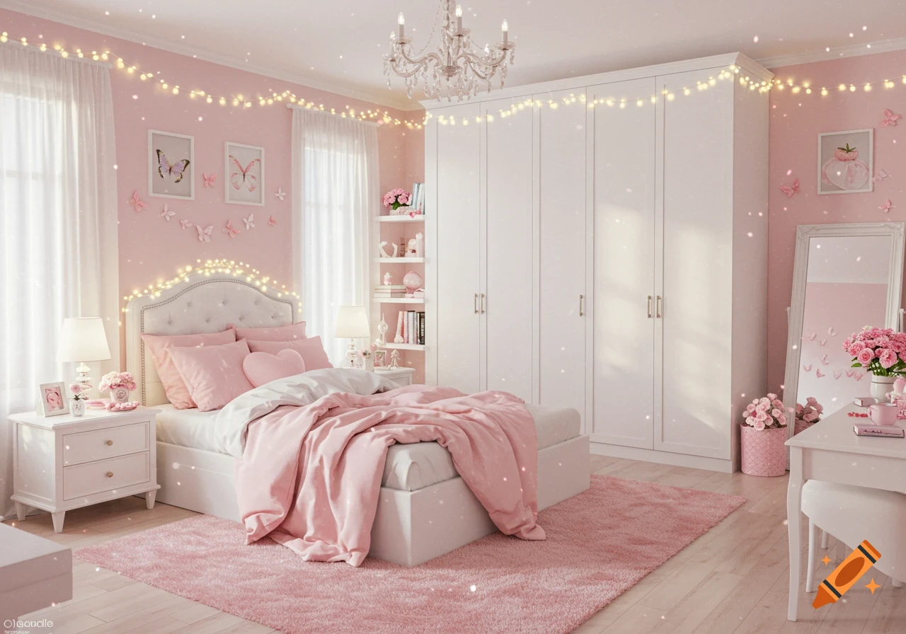 A beautiful and cozy bedroom decorated in baby pink and white, featuring a large bed, white furniture, fairy lights, and butterfly decor.
