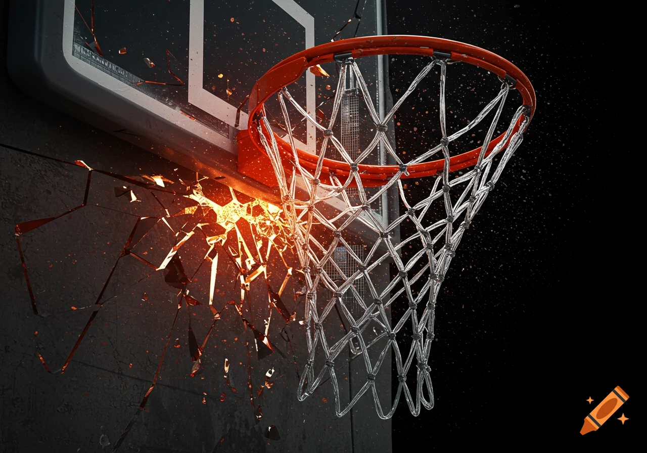 Close-up of a basketball hoop with a shattered backboard glowing orange, against a dark background.