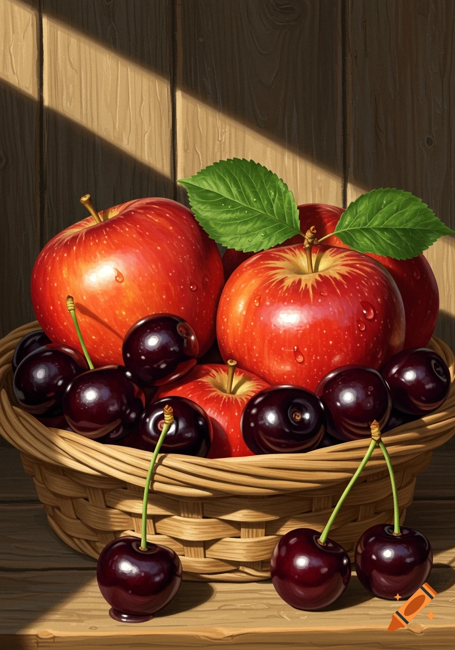 A woven basket filled with red apples and dark cherries, some with stems, on a wooden surface with dappled sunlight. Photorealistic style.