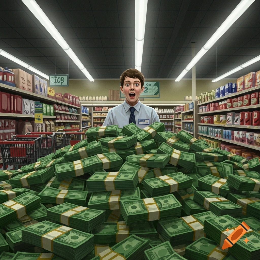 A young grocery clerk with an amazed expression stands behind a massive pile of cash in a supermarket aisle.