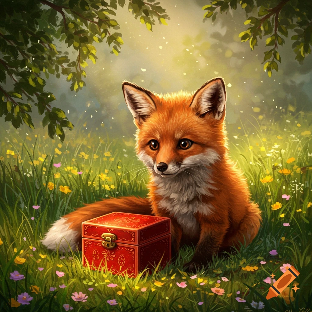 A cute orange fox sits beside a small red box in a sunlit, grassy meadow filled with colorful flowers.