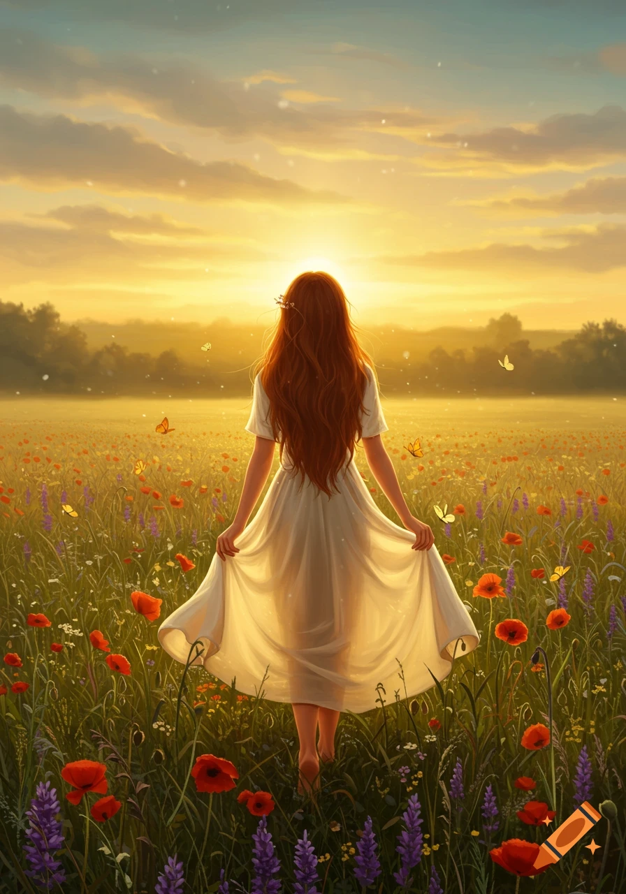 A red-haired woman in a white dress stands barefoot in a field of red and purple flowers under a golden sunset.