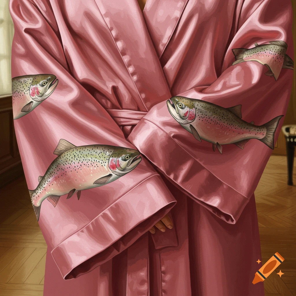 Close-up of a person in a pink satin robe adorned with rainbow trout illustrations on the sleeves and hem.