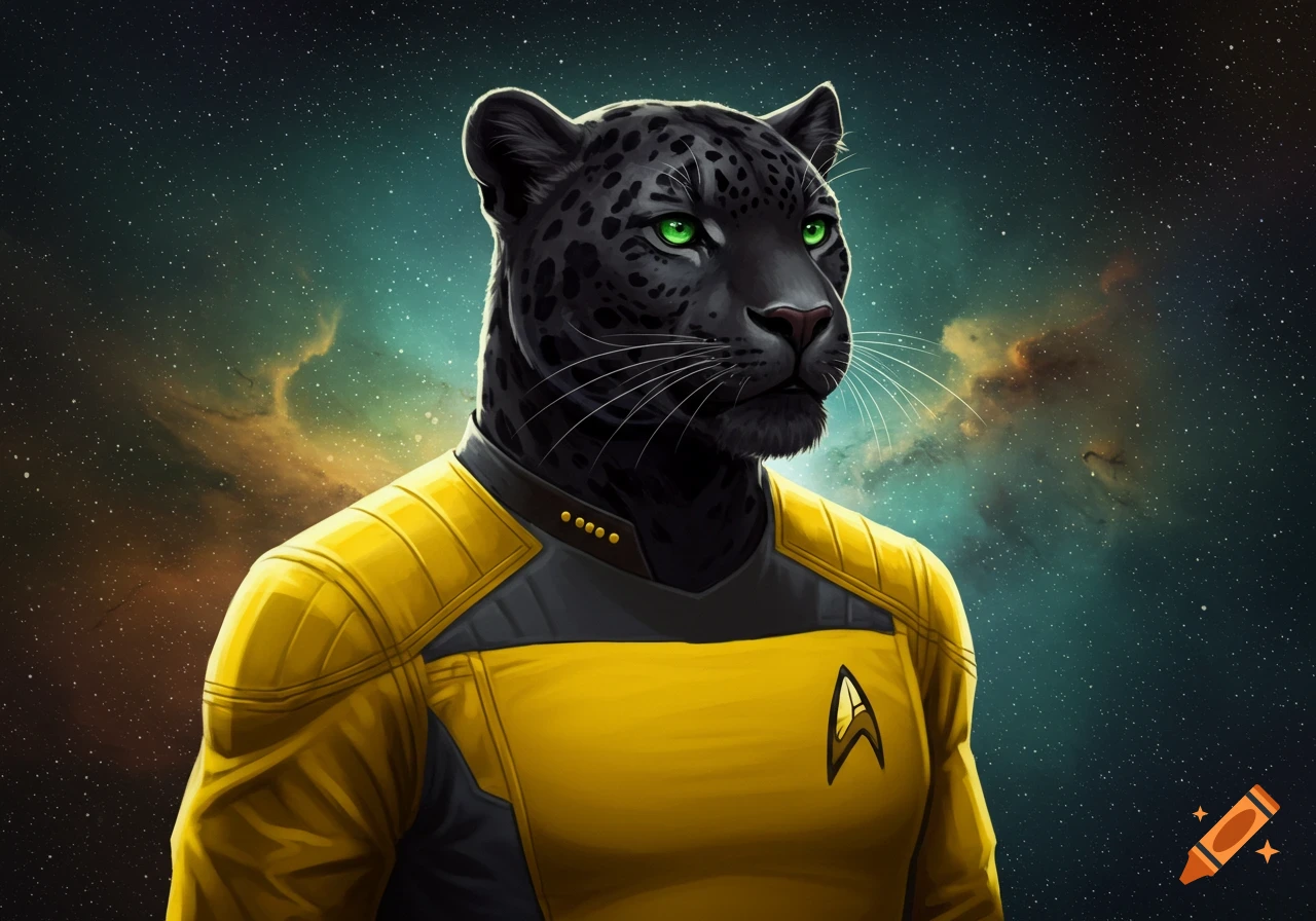 An anthropomorphic black jaguar with green eyes wears a yellow Starfleet uniform against a starry space background.