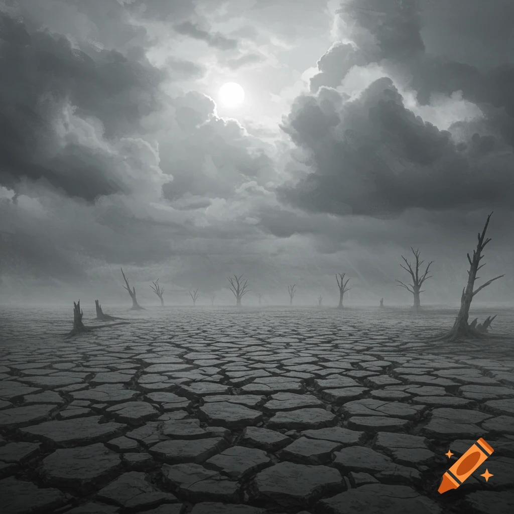 A desolate landscape of cracked earth and bare trees under a stormy, moonlit sky in monochrome.