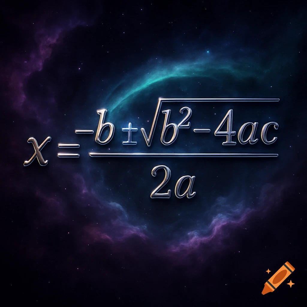 Metallic 3D quadratic formula rendered against a dark cosmic nebula background with purple and blue clouds.