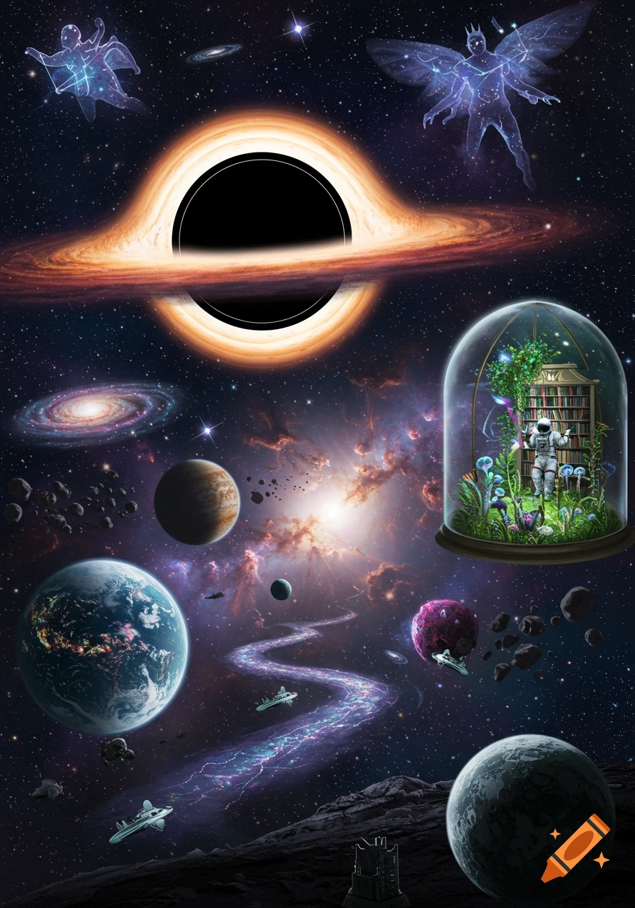 A vibrant cosmic scene features a black hole, an astronaut in a glass greenhouse, various planets, and glowing constellation beings.