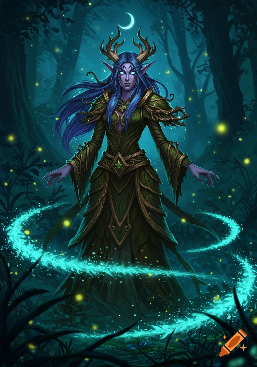 A detailed fantasy illustration of a female night elf druid with blue hair and antlers, standing in a dark, glowing forest at night.