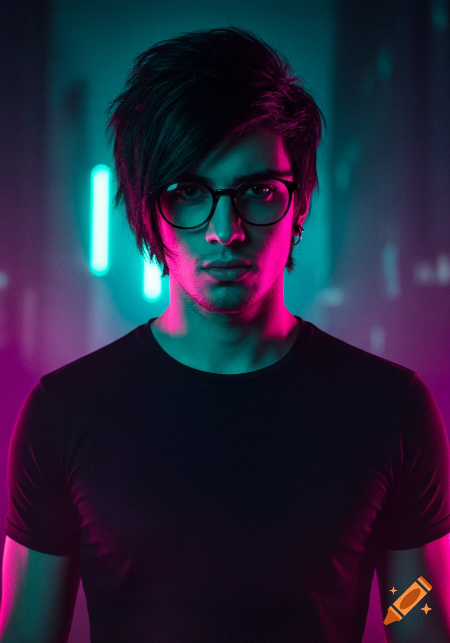 A man with emo hair and black glasses in a black t-shirt, illuminated by vibrant teal and magenta neon lights.