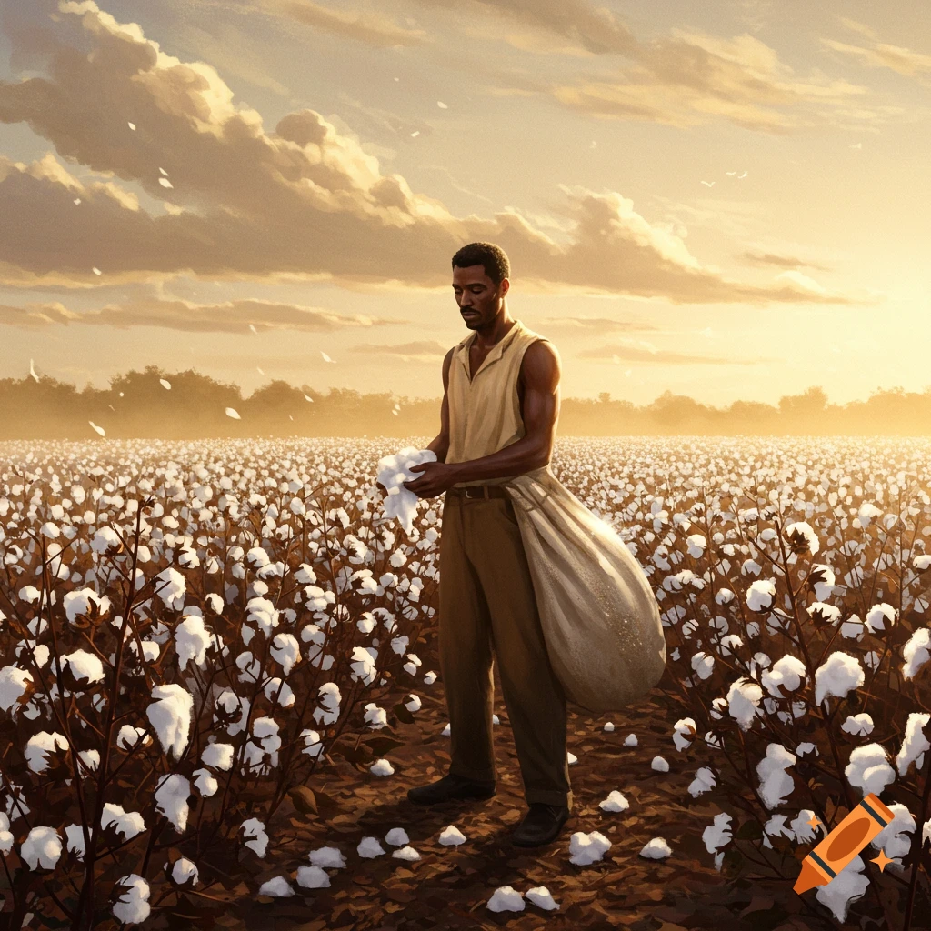 A man in simple clothes stands in a vast cotton field at sunset, collecting cotton into a large sack over his shoulder. The sky is filled with warm, dramatic clouds.