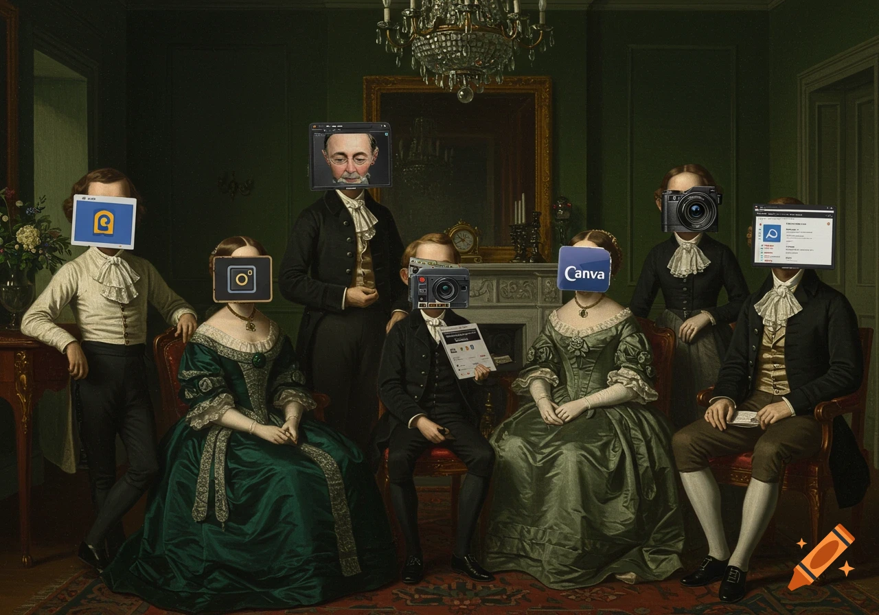 A surreal Victorian family portrait in an antique oil painting style, with family members' faces replaced by aged software icons like Canva and Photoshop.