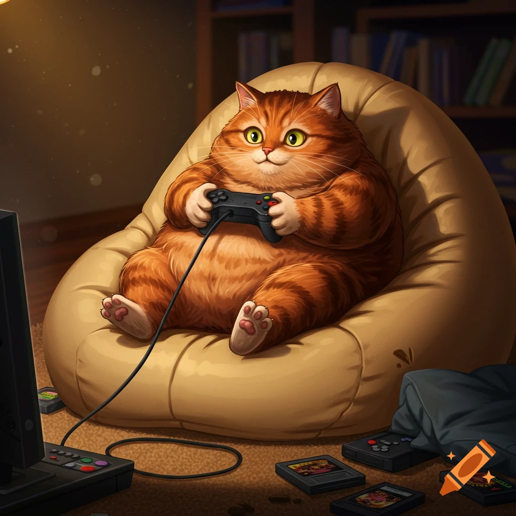 A chubby orange tabby cat sits on a beige bean bag, playing video games with a controller, in a cozy illustrated room.
