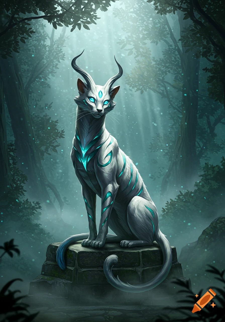 A fantasy white cat creature with glowing blue markings and horns sits on a stone in a mystical, misty forest.